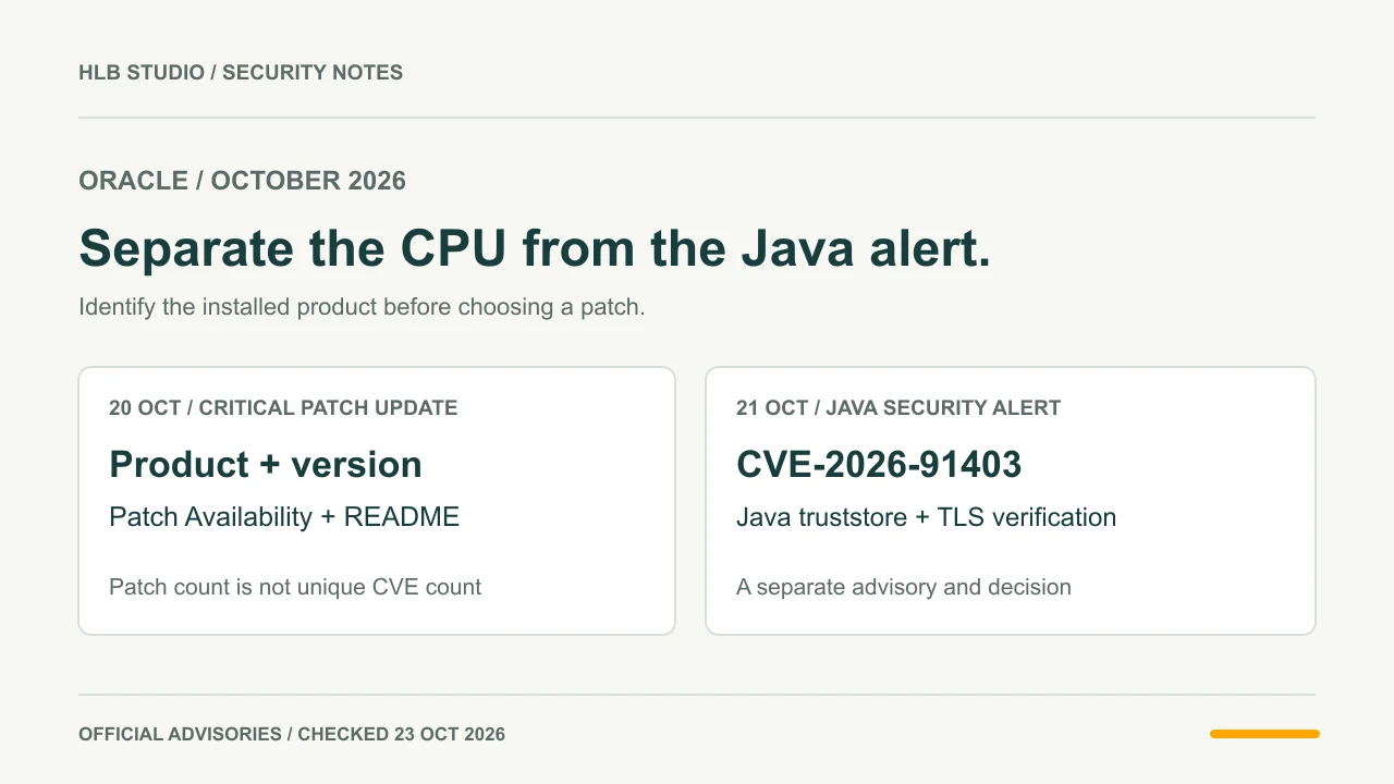 Oracle 10월 CPU의 제품별 패치 확인과 별도 Java 인증서 경고를 두 카드로 나눈 도식